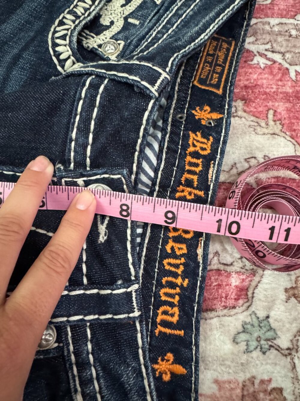 Rock Revival Jenna Boot Cut Jeans Dark Wash Thick Stitch Fleur de Lis Size 28 - Picture 10 of 11